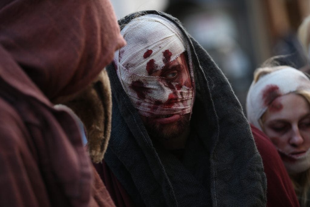 Plague victims roam the streets of Birmingham today October 18 2016. The Black Death has returned to Warwick but this time contagion is instant with shocking results.Warwick Castle invites locals to brave the risk of contagion - the courageous will receive free entrance to Warwick Castle's six spine tinglingly scary Halloween attractions this year.